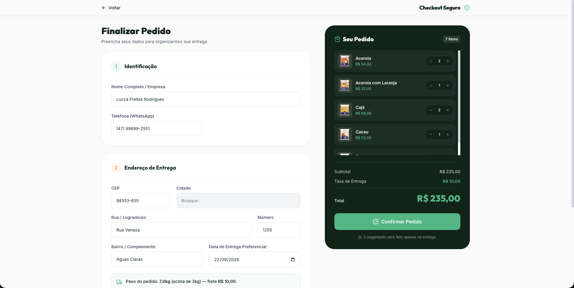 Finalização de pedido da 100 Cinco