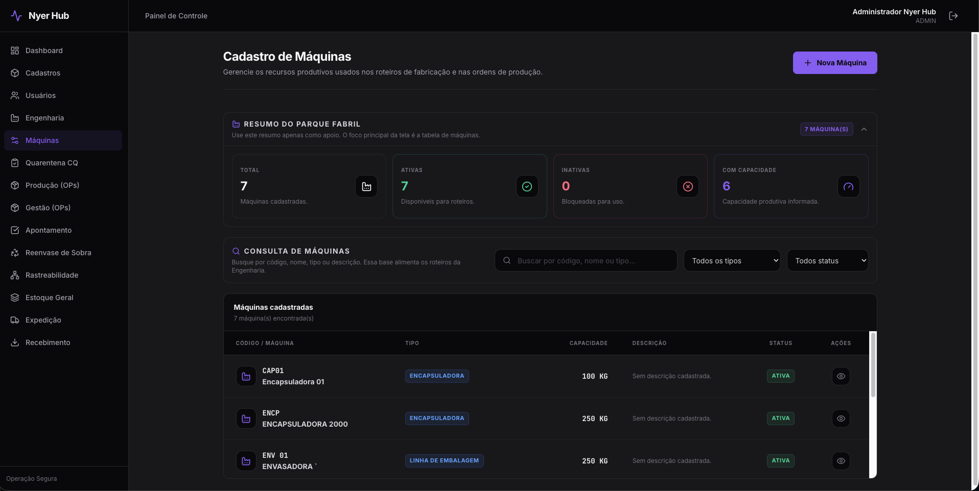 Cadastro de máquinas do Nyer Hub