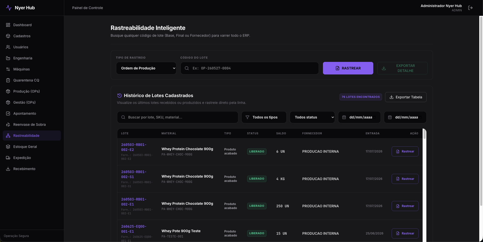 Rastreabilidade inteligente do Nyer Hub